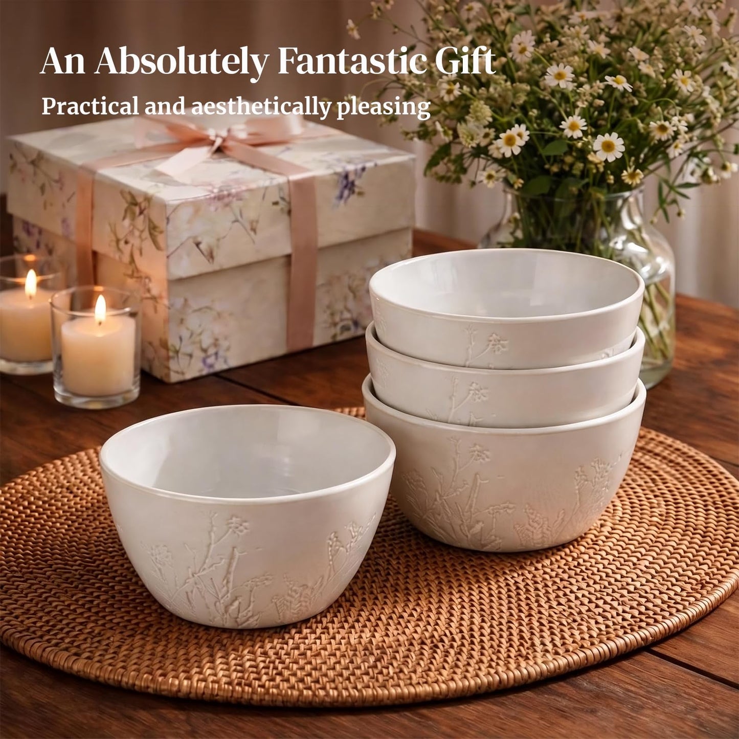 DOWAN 32 OZ Cereal Bowls – Ceramic Bowls Set of 4, Large Soup Bowls for Cereal, Ramen, Pho, Pasta & Salad Bowls – Stackable Soup Bowls, Microwave & Dishwasher Safe