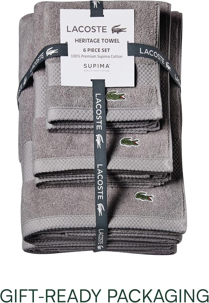 Lacoste Heritage Supima Cotton 6-Piece Towel Set, 2 Bath Towels, 2 Hand Towels