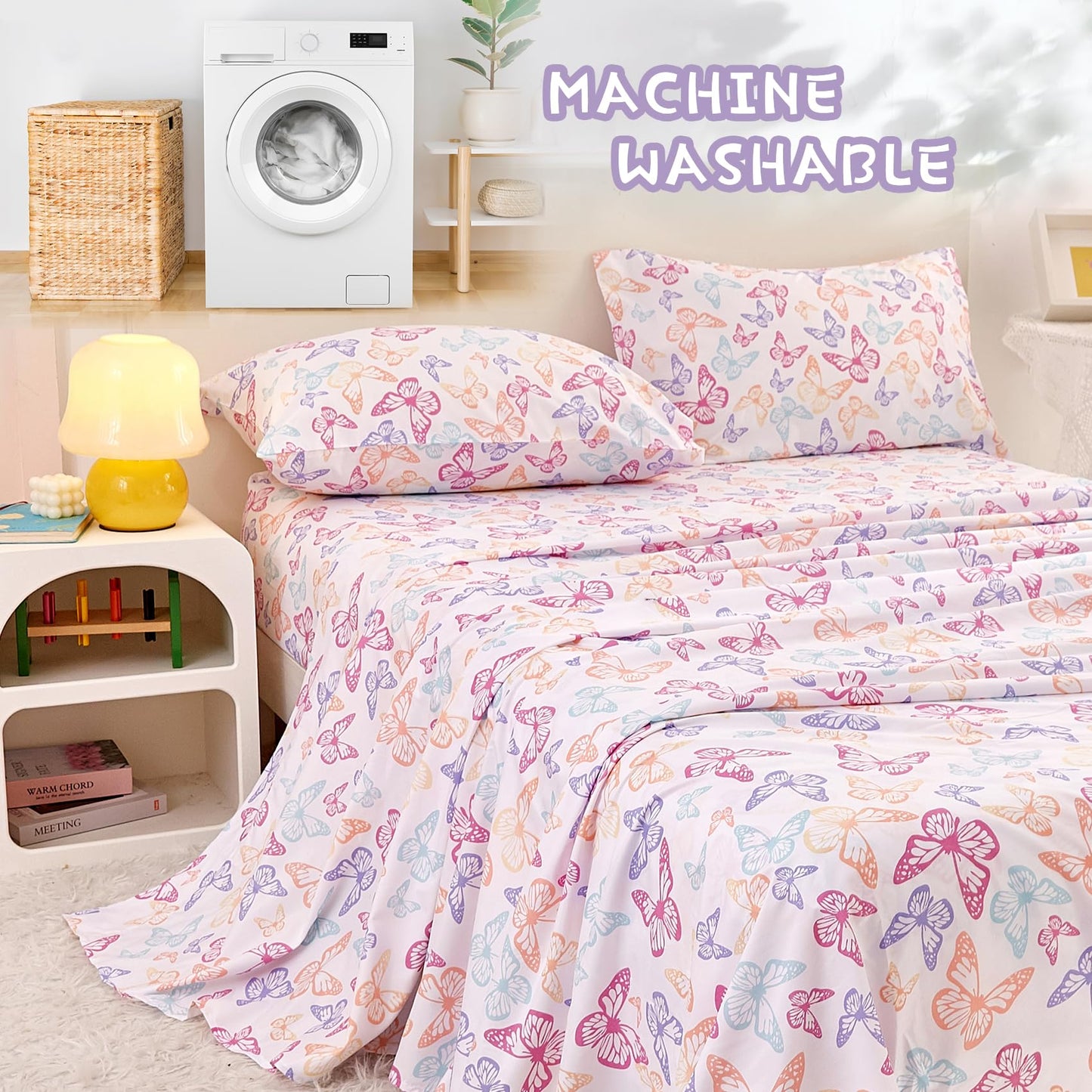 Yibeizi Butterfly Full Size Sheet Set for Girls, Kids Cute Bedsheet Microfiber Deep Pocket Bedding Sheets & Pillowcases 4 Pieces
