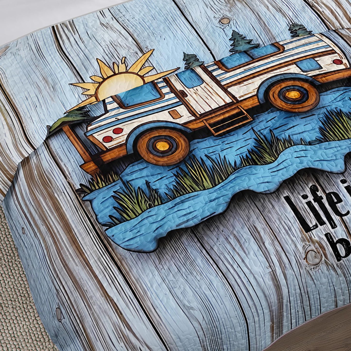 UEVBF Camping Travel Trailer Bedding Queen Quilts for Bed,Retro Bedding for Kids Boys Girls Happy Camper Decor,Outdoor Camping Themed Quilt Sets with 2 Pillowcases.