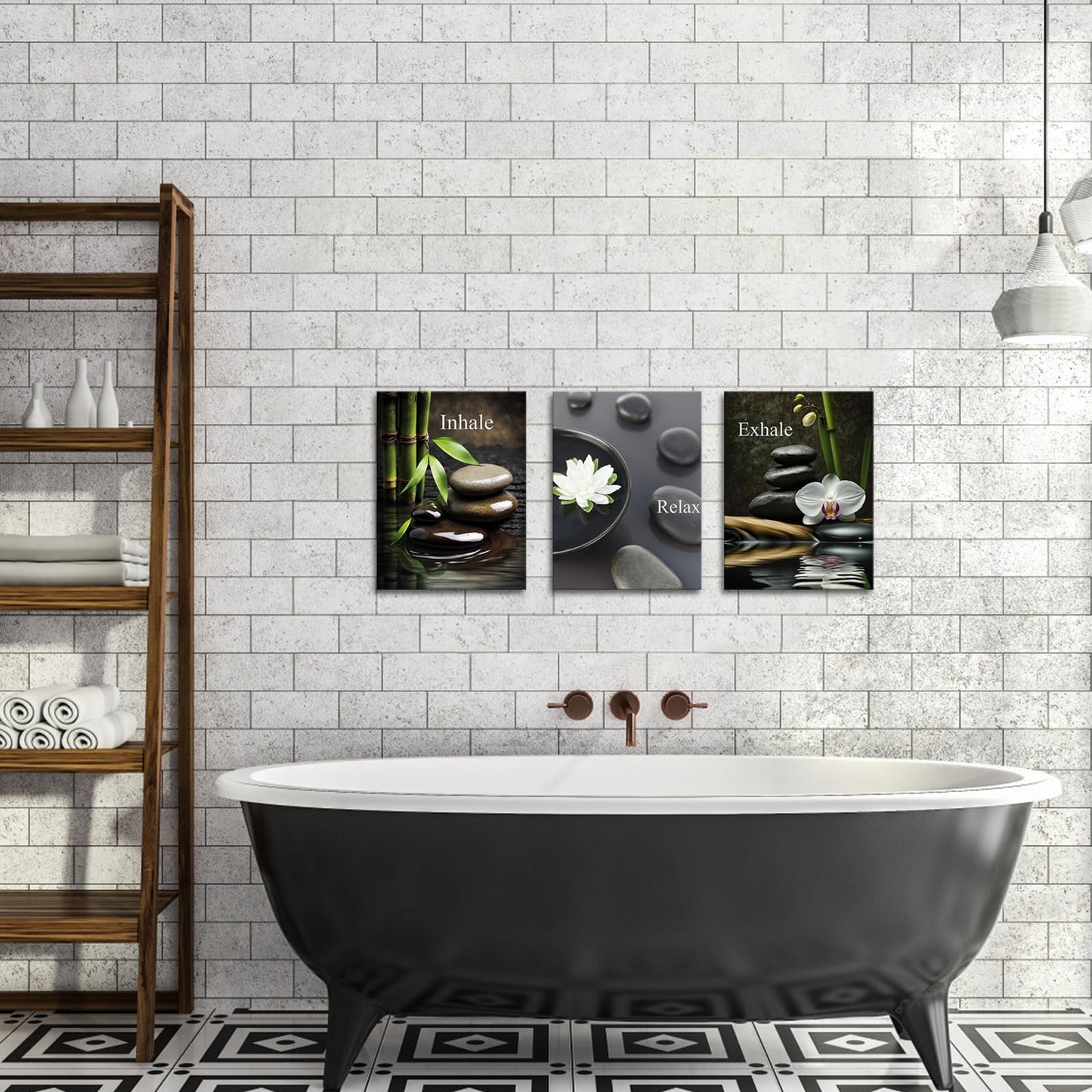 FuShvre Zen Wall Art for Bathroom Zen Stone Bamboo Lotus Orchid Flower Pictures Still Life Prints for Zen Meditation Room Wall Decor Framed 12x16 inch each piece (small)