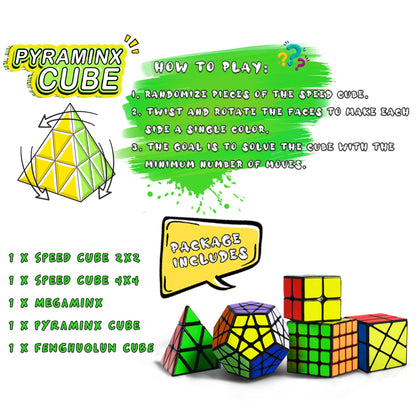 Coolzon 5 Pack Speed Magic Cubes, Magic Speed Cube Set 2x2 4x4 Fenghuolun Pyraminx Pyramid Megaminx Fenghuolun Puzzle Cube Toy for Children & Adults 8 Years & Up