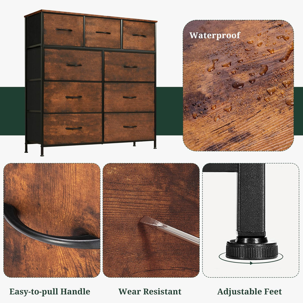 9-Drawer Dresser for Bedroom, Anti-Tip Tall Storage Organizer Chest of Drawers with Wooden Top and Metal Frame Fabric Bins for Closet, Living Room, Hallway, Entryway, Brown