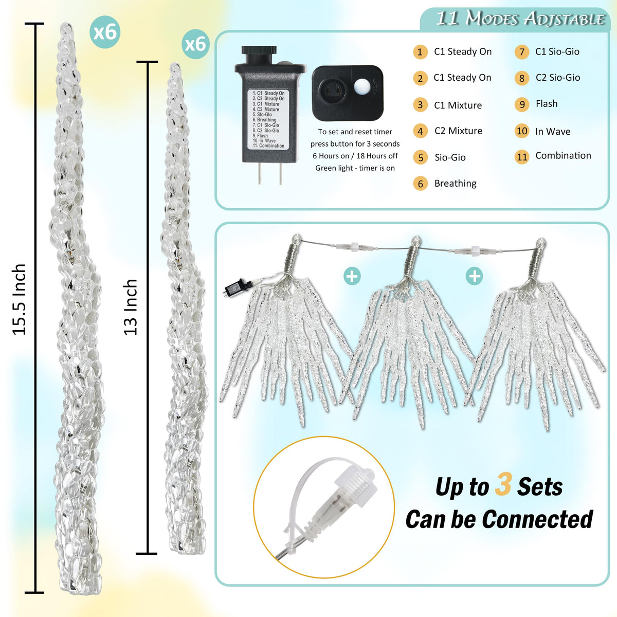 AWQ 21.7 FT Icicle Lights, 60 LED Twinkle Icicle String Lights with 12Tubes, Multicolour Christmas Light with 11 Modes, Timer & Memory Function for Indoor Outdoor Wedding Party Christmas Decor (12)