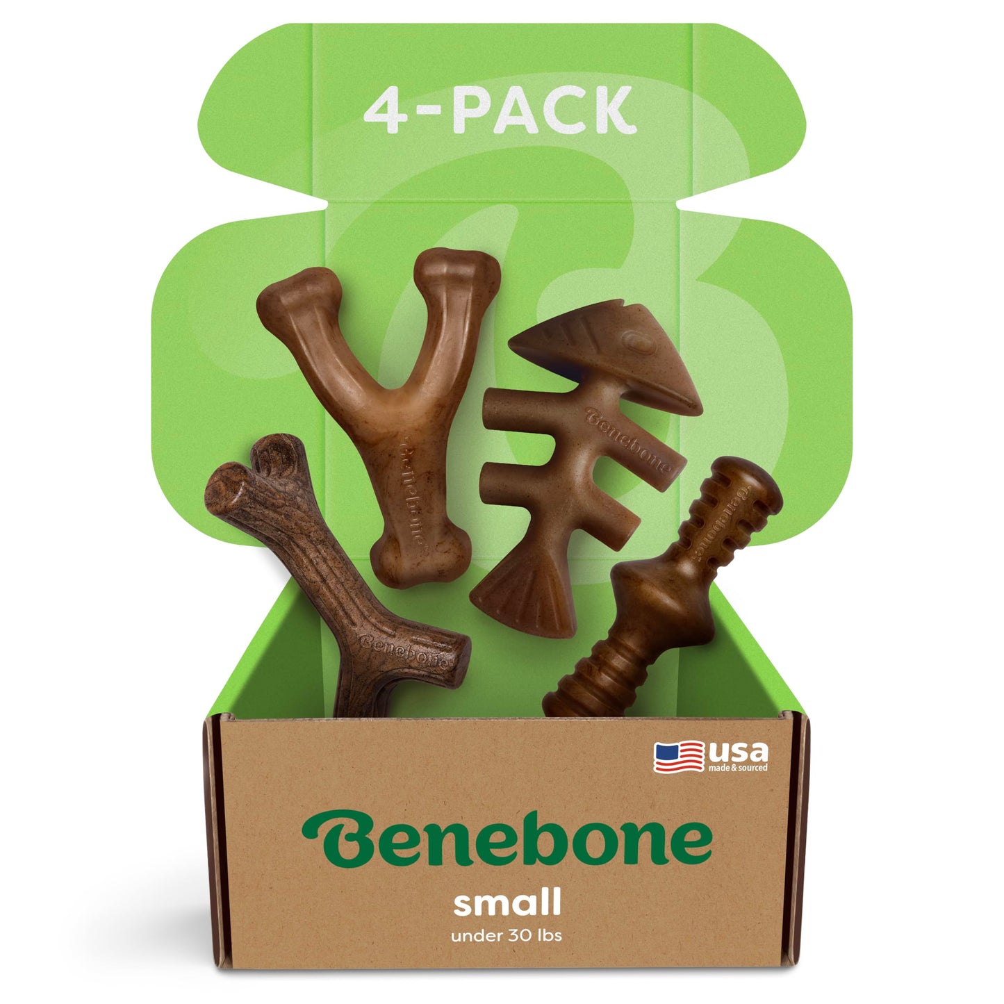 Benebone Indestructible Dog Chew Toy Gift Box for Aggressive Chewers with Wishbone, Fishbone, Stick & Zaggler, Long Lasting Boredom Breakers, 100% Real Flavours, For Small Dogs, Made in the USA.