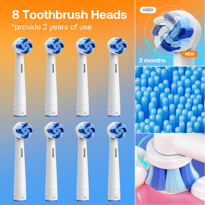 Bitvae Rotating Electric Toothbrush with 8 Brush Heads for Adults and Kids, Travel Case, 5 Modes Rechargeable Power Toothbrush with 2-Minute Smart Timer, 60-Day Battery Life, Dark Blue