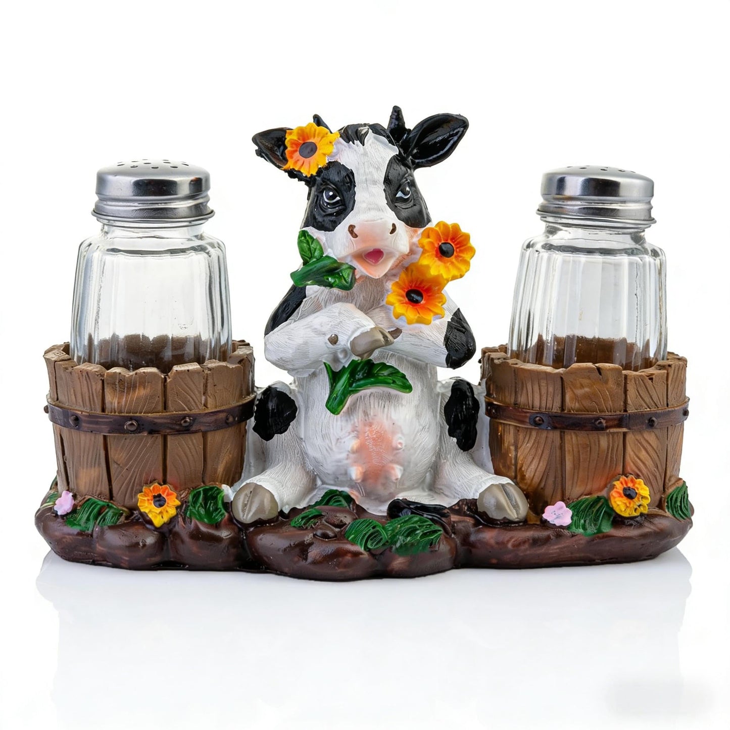 Rustic Farm Cow Salt and Pepper Shaker Holder with Glass Jars