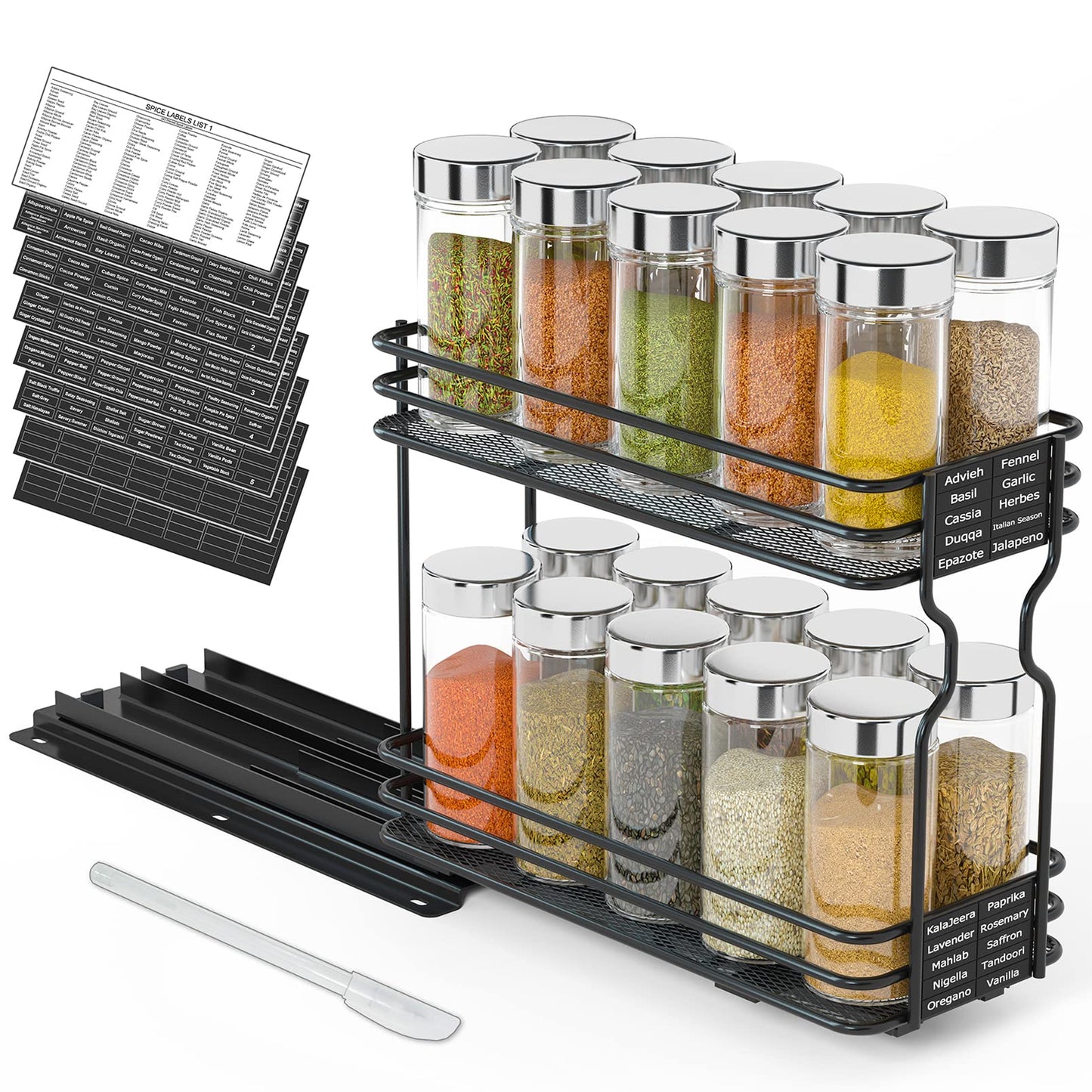 SpaceAid Pull Out Spice Rack Organizer for Cabinet, Heavy Duty Slide Out Seasoning Kitchen Organizer, Cabinet Organizer, with Labels, 4.5" W x10.75 D x8.5 H, 1 Drawer 2-Tier