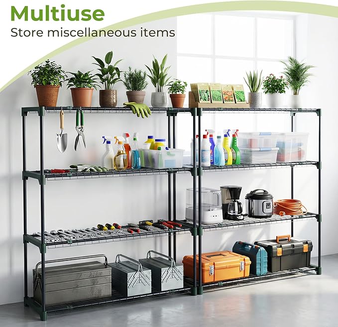 Ohuhu Plant Greenhouse Shelves 4 Tier 2 Pack Extra-Wide Stable Green House Shelving for Outdoor, 35x12x42 Inch Portable Rustproof Metal Shelf Plant Stand Rack Greenhouse Accessories