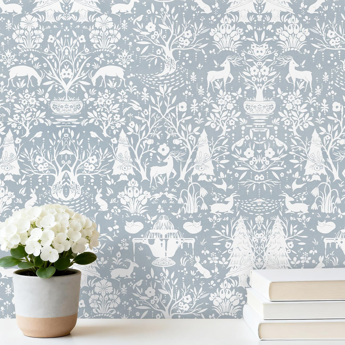 WENMER Forest Animal Wallpaper, 17.7" x 590" Blue and White Contact Paper, Woodland Peel and Stick Wallpaper with Deer Rabbit Fox, Self Adhesive Removable Wall Paper for Living Room Bedroom Nursery