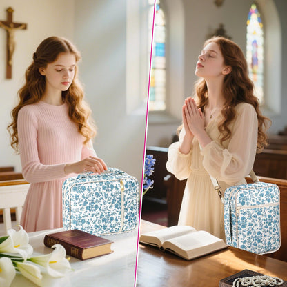 SelfTek Bible Cover Case for Women - Large Quilted Bible Cases for Woman Organizer with Handle & Shoulder Strap, Bible Study Supplies Accessories Christian Gifts (Blue)