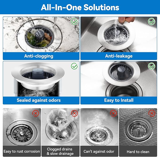 Upgraded 3-in-1 Kitchen Sink Drain Strainer, Stainless Steel Pop Up Kitchen