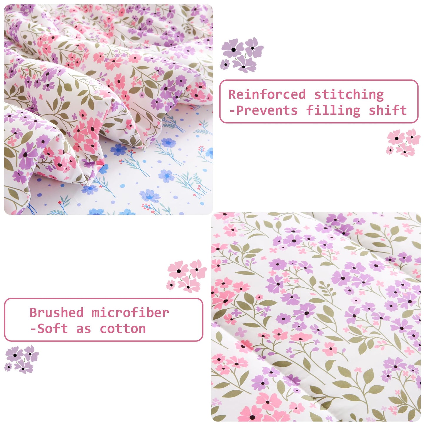 lasoftan Floral Queen Comforter Set with Sheets, 7 piece Luxury Vintage Bedding, Soft Microfiber Bed in a Bag, Cozy Lightweight Bed Set, Purple Flower Green Leaf