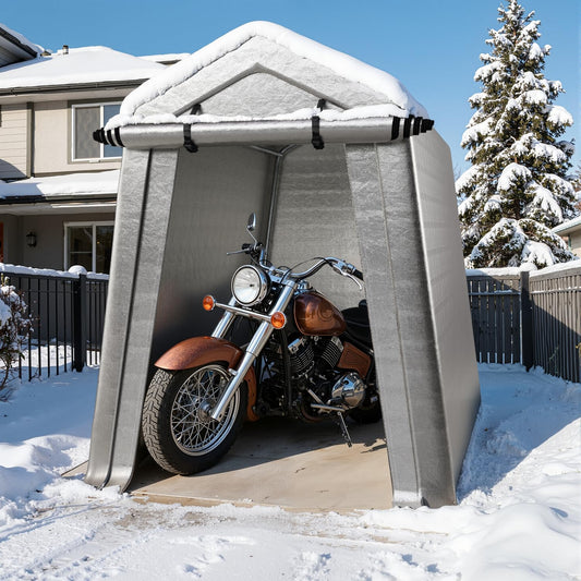 LINKHOO 6 x 8 FT Carport, Portable Shed w/220G Heavy Duty Waterproof PE Tarp, Roll-up Zipper Door & Vent, Weather-Resistant Storage Shed for Motorcycle, Bike and Tools, Gray