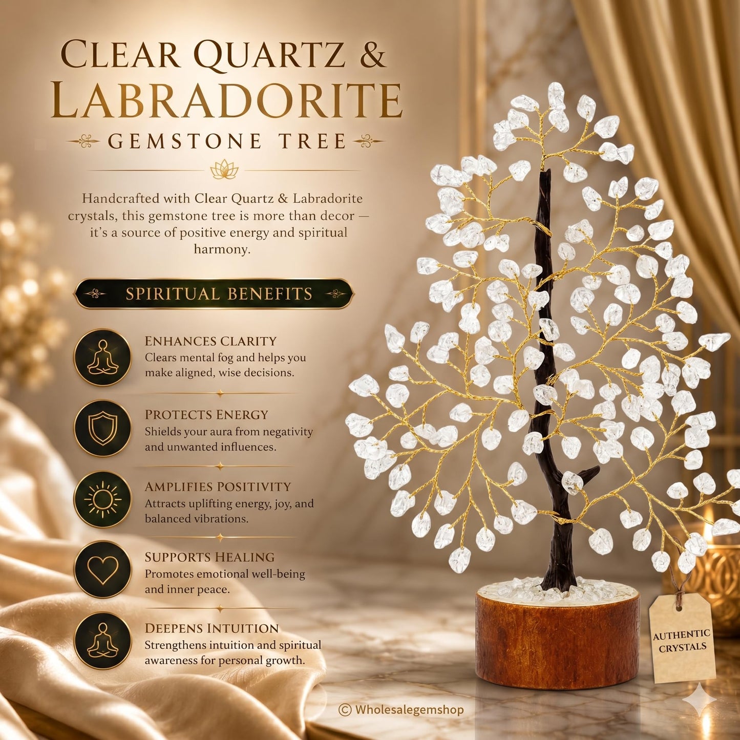 Gemscite Clear Quartz Gemstone Tree 10-12" Handmade Feng Shui Figurine Money Bonsai Good Luck Reiki Healing Crystals with Golden Wire Balancing Decoration for Table Room Decor Gift