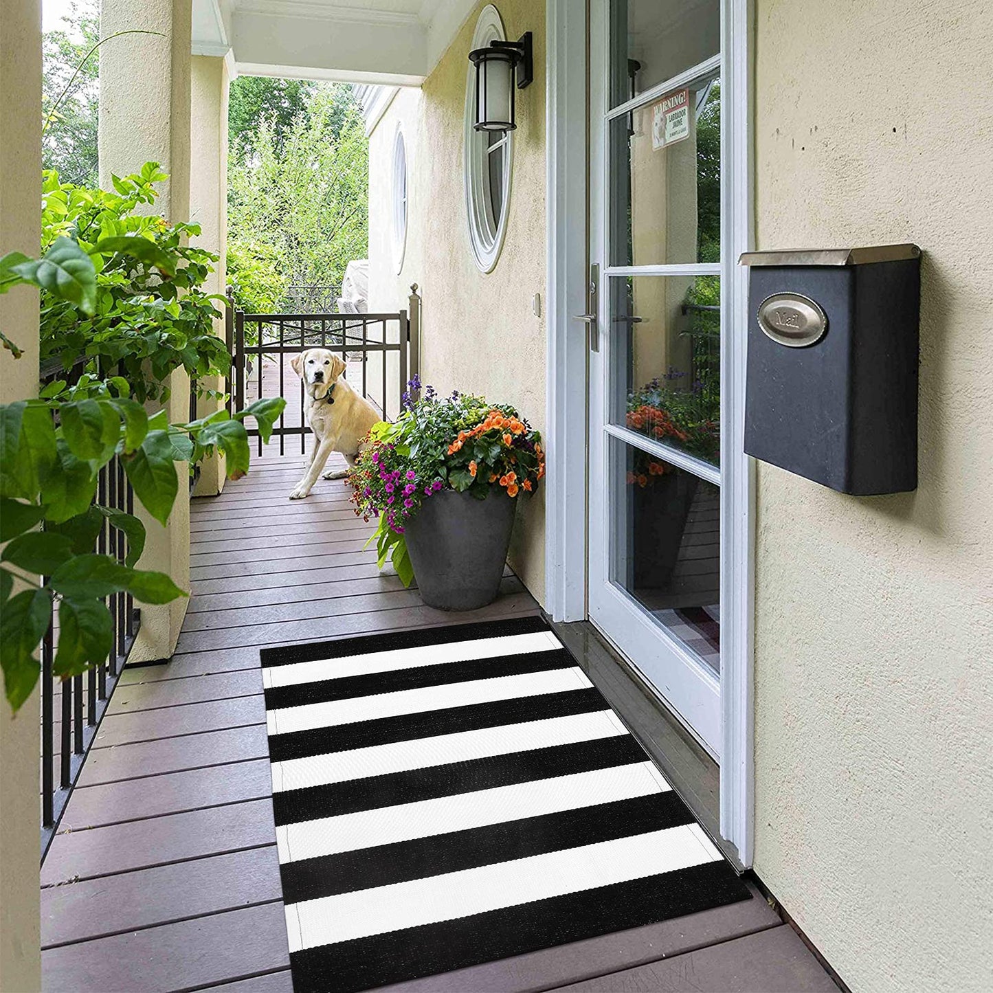 Collive Black and White Outdoor Striped Rug 24"x 51", Cotton Woven Fall Front Porch Rug Decor, Washable Farmhouse Layered Welcome Mat Outdoor for Kitchen Entryway Entrance Halloween