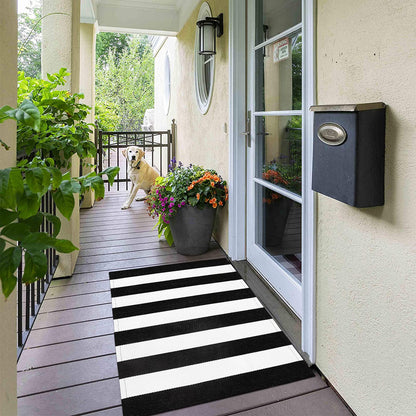 Collive Black and White Outdoor Striped Rug 24"x 51", Cotton Woven Fall Front Porch Rug Decor, Washable Farmhouse Layered Welcome Mat Outdoor for Kitchen Entryway Entrance Halloween