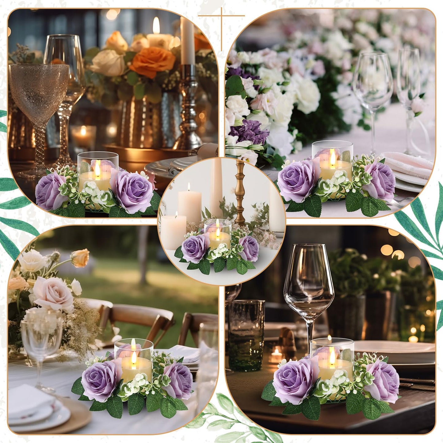 Yunlly 12 Pcs Rose Candle Rings with Flameless Candles Sets, Artificial Flower Eucalyptus Wedding Centerpiece 3 Inch Pillar Candleholders Wreaths for Wedding Party Mother's Day (Purple)