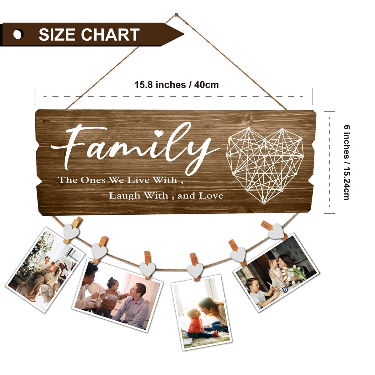 Buecasa Housewarming Gifts New Home Sign Decor- Family Wall Hanging Picture Frame with 6 Heart Clips 15.8x6.0 Inches