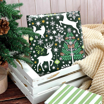 EWES Green Christmas Wrapping Paper Rolls, Matte Elegant Heavy Duty Premium Gift Wrap, Aesthetic Pattern with Christmas tree, Reindeer and Fox, Reversible, Total 48.6sq.ft