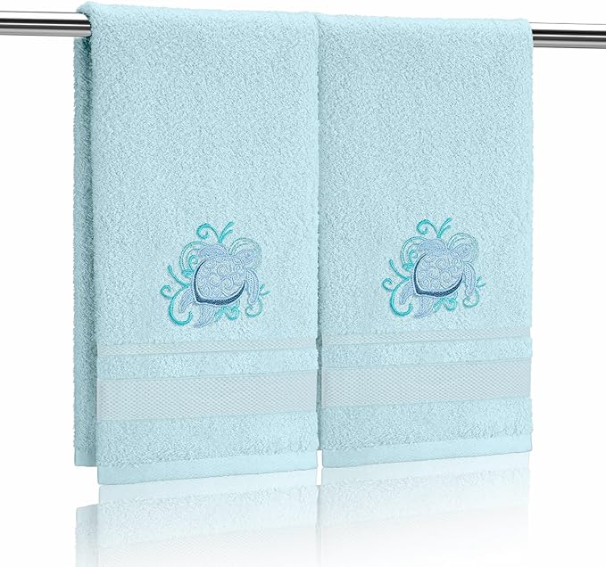 2 Pcs Sea Turtle Floral Hand Towels Pastel Blue Bathroom Decor 14x29 Inch