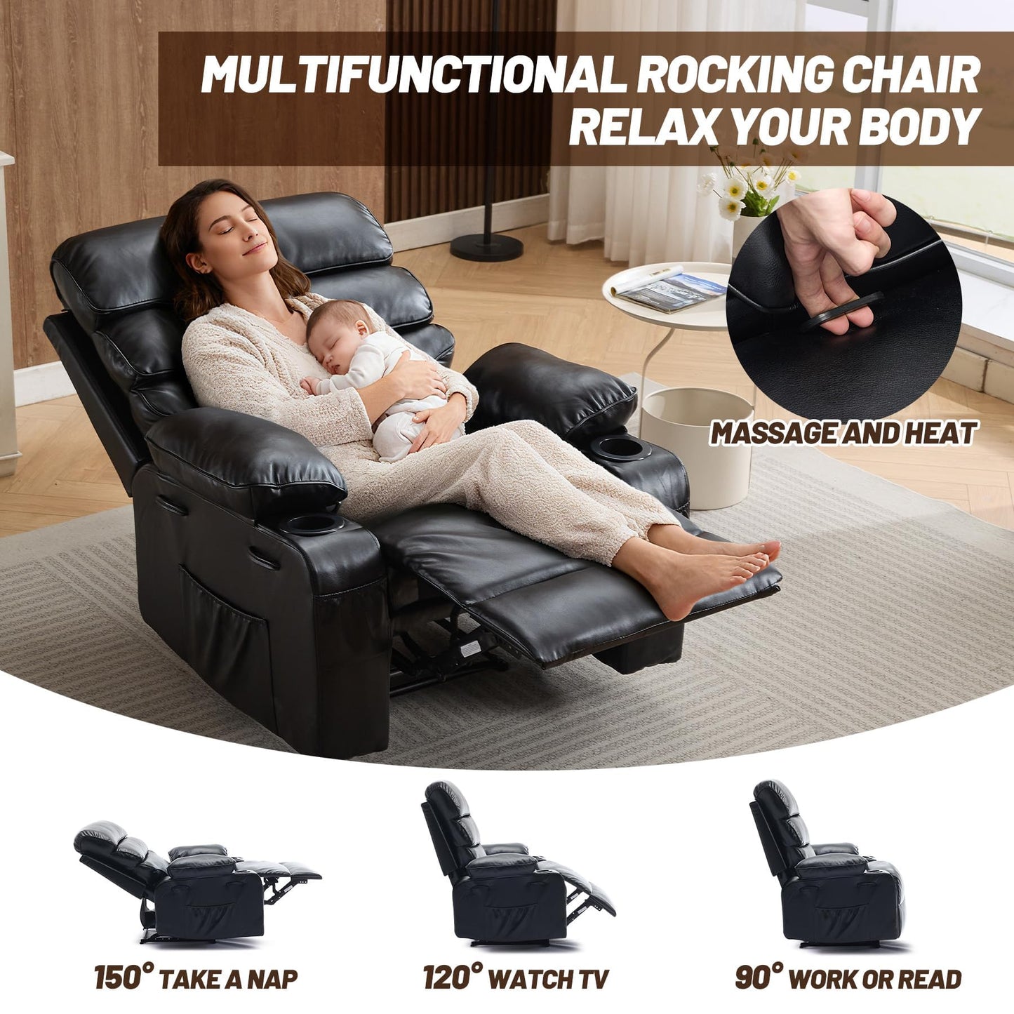 Garvee PU Leather Manual Recliner Chair with Massage and Heat, 27" Extra Wide Seat, 400 lbs Capacity, Thickened Sponge Armrests and Back, Cup Holders & Side Pocket, Living Room or Bedroom, Black