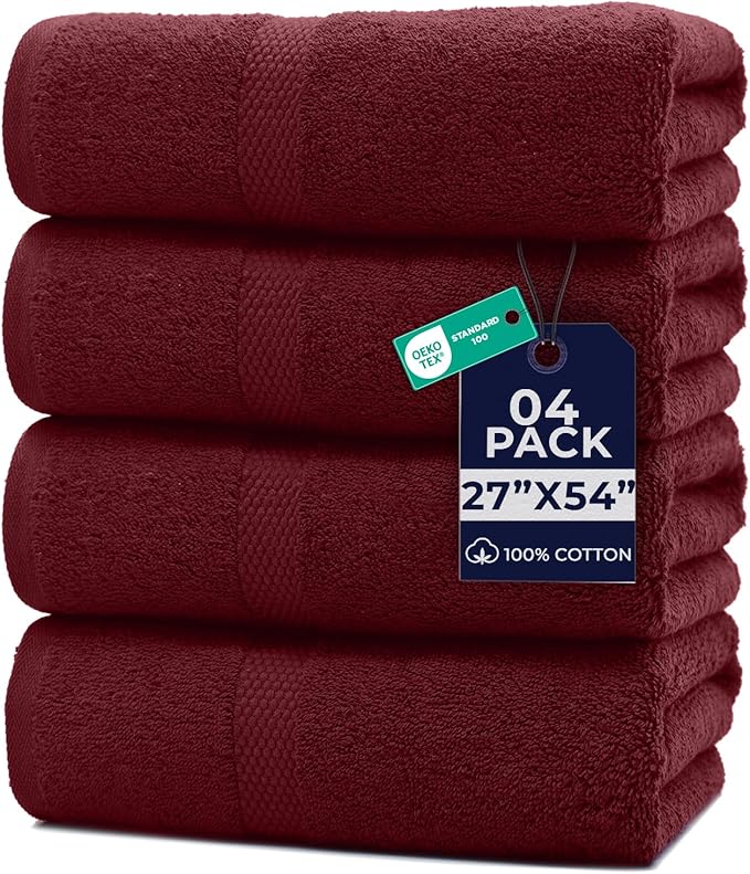DAN RIVER Bath Towels Set of 4, 27 x 54 Inches, 100% Cotton, Larger & Lighter