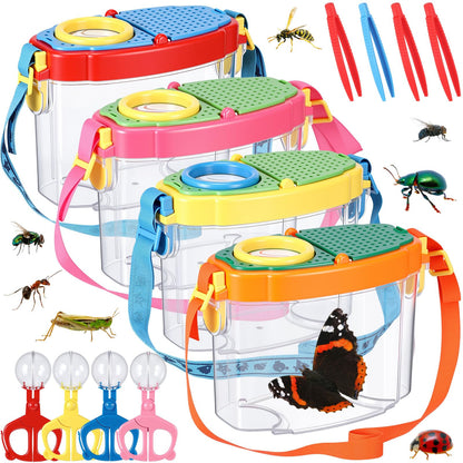 Halloscume 4 Set Bug Catcher for Kids Bug Viewer and Insects Tweezer for Students, Critter Catching Kit Magnifying Insect Cage Container Kit for Kids Outdoor Science Nature Exploration