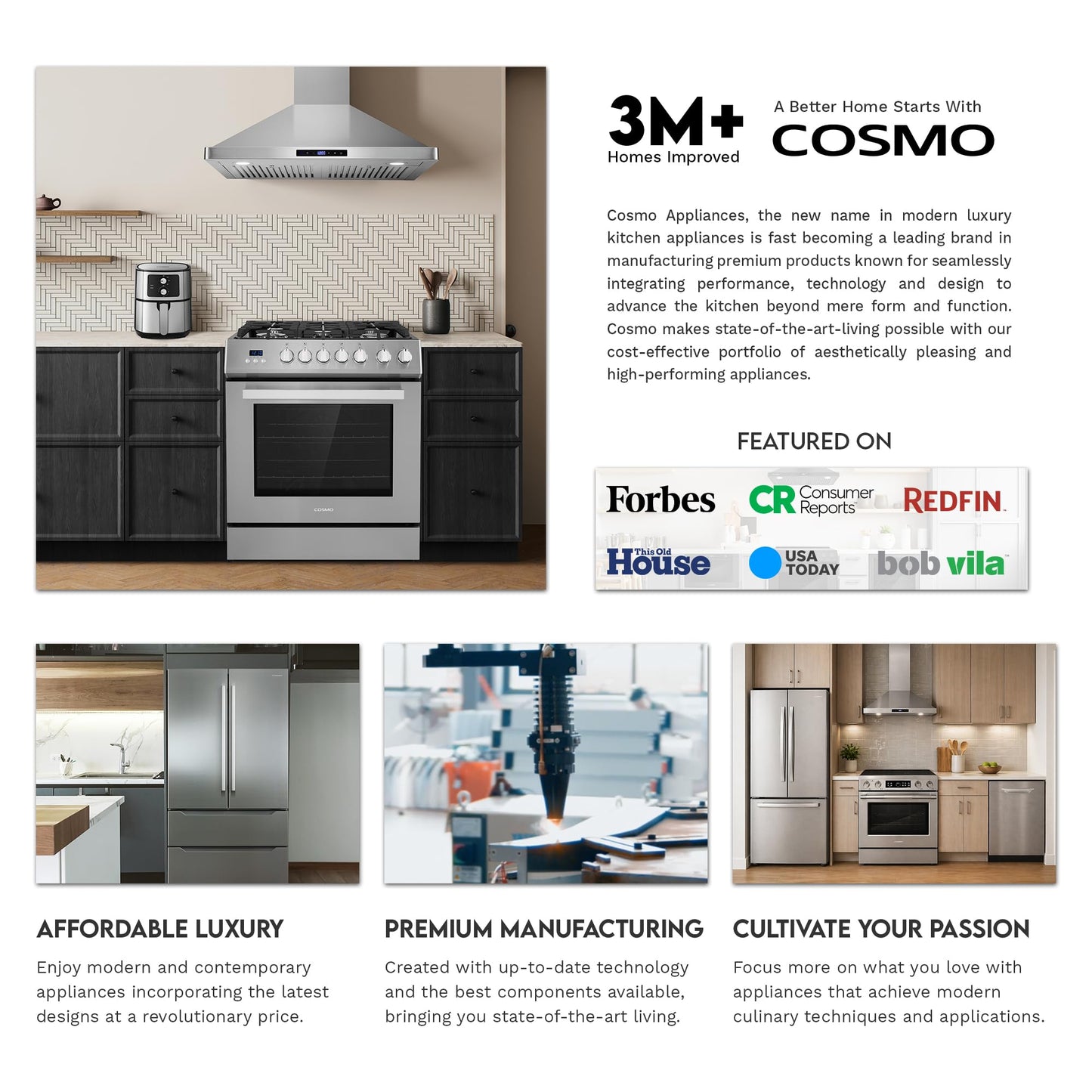 COSMO COS-63175 30 in. Vista Collection 380 CFM Ducted Wall Mount Range Hood, Button Controls, LED Lights, Stainless Steel