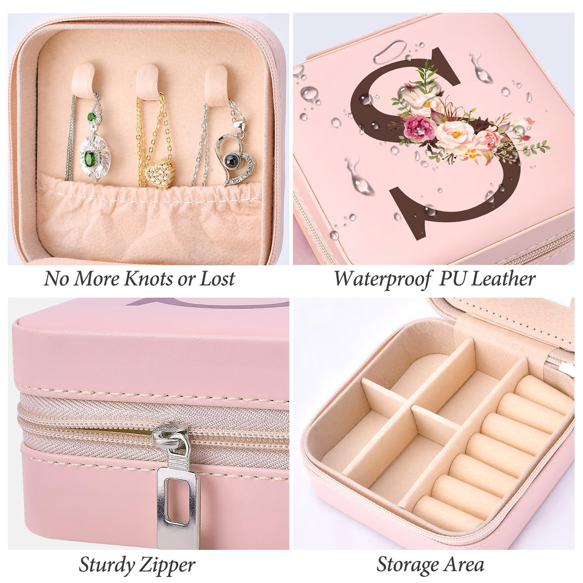 Inngeroo Mothers Day Mom Gifts for Wife Daughter Grandma, Travel Jewelry Case Box Organizer, Personalized Gifts for Women Teen Girls Mom Aunt Sister, Bridesmaid Gifts Traveling Essentials, Initial S