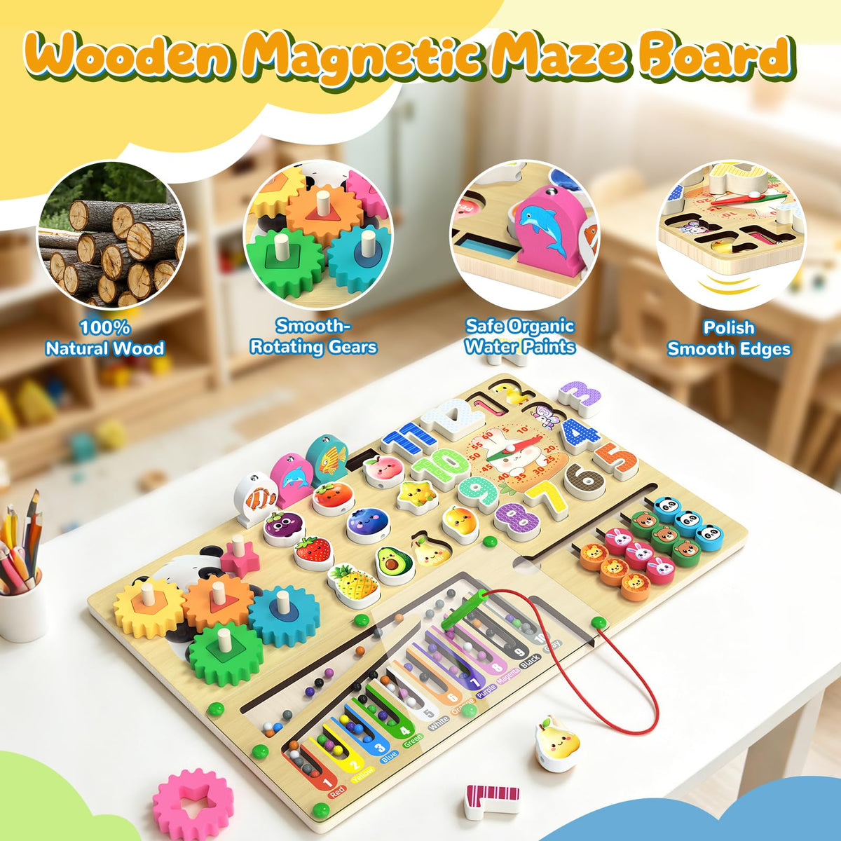 9-in-1 Montessori Busy Board Wooden Magnetic Maze Toy for 3+ Year Old Gift