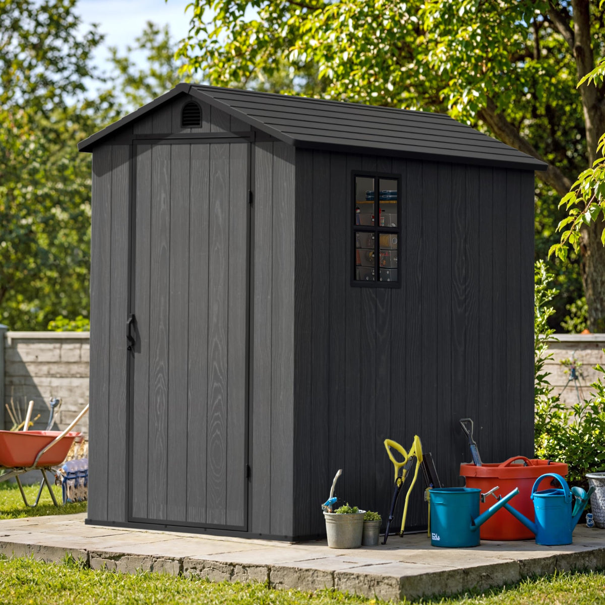 Greesum 4x6FT Plastic Storage Shed with Floor, Resin Outdoor Storaged Sheds with Lockable Door, All Weather Tool Shed with Window and Vent, Easy Assembly for Garden, Patio, Backyard, Dark Gray
