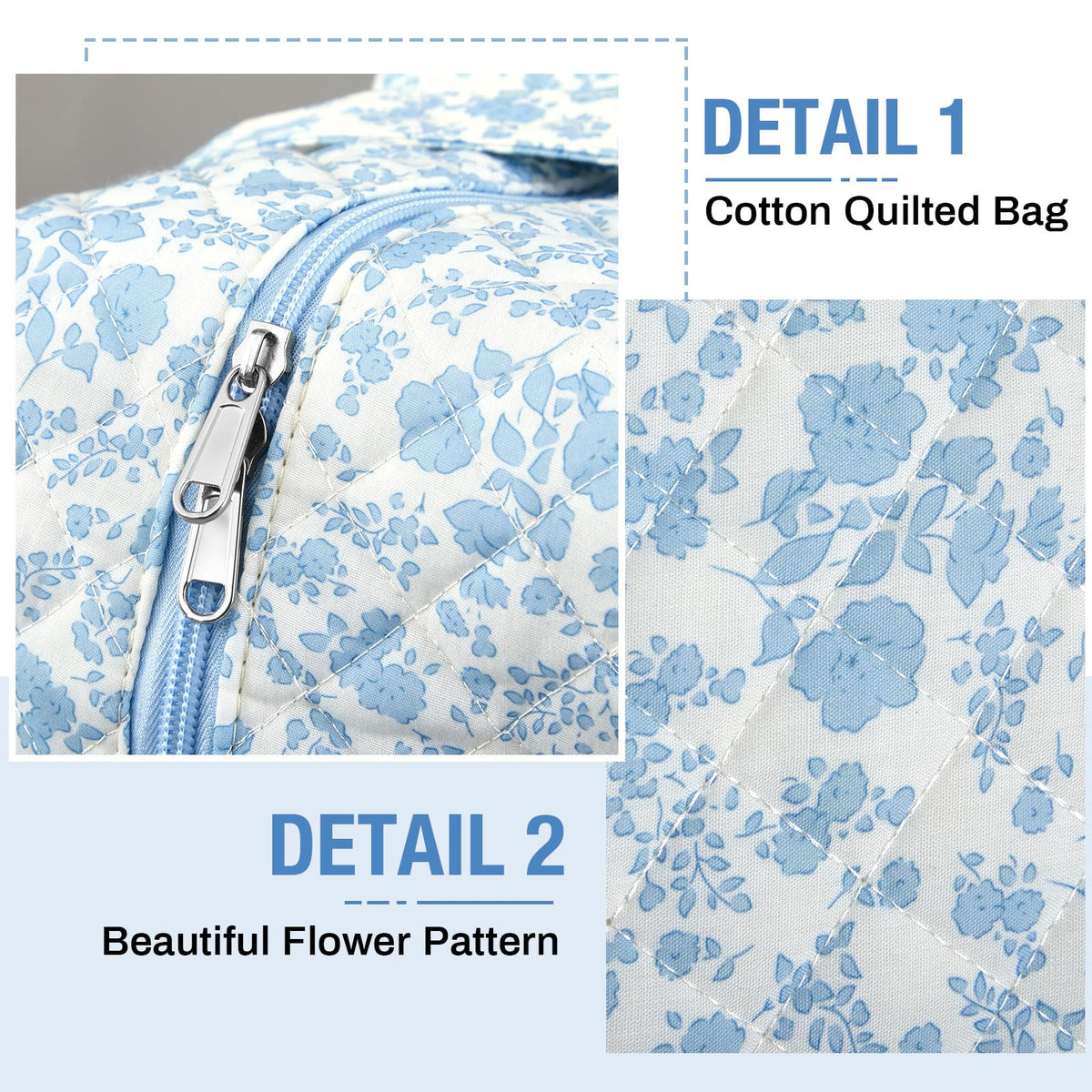 Abbylike 2 Pcs Large Quilted Duffle Bag Blue Floral Coquette Duffle Bag with Makeup Pouch Quilted Weekender Diaper Tote with Shoe Compartment for Women Travel Hospital