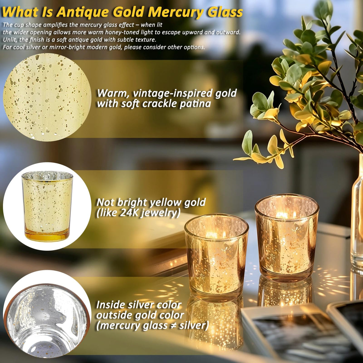 BALITIOYI Gold Mercury Votive Candle Holders 12 Pcs Votives Glass Table Wedding Decorations (12, 2.7" x 2.1")