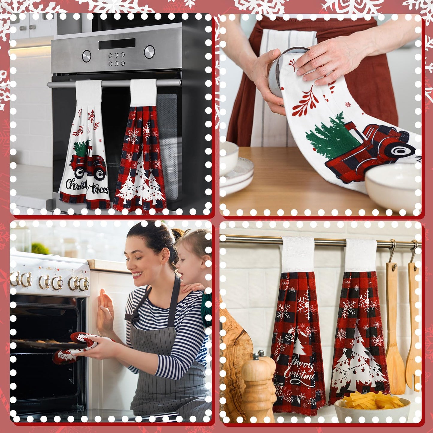 Jingmore 6 Pcs Christmas Hanging Kitchen Towels with Loop Buffalo Plaid Red and Black Hand Tie Towels Microfiber Drying Baking Cooking Cloth