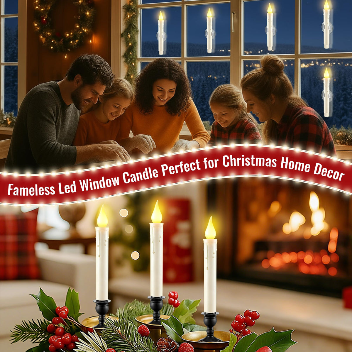 18 Pack Battery Operated Window Candles with Sensor Dusk to Dawn, Ivory Flameless Taper Candlesticks with Removable Black Base & Suction Cups, LED Candlestick for Christmas Decor Home, 36 AA Batteries
