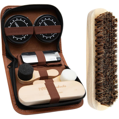 Deluxe Shoe Polish Kit - Portable 7pc Shoe Shine Kit with Genuine Horsehair Brush, Black Shoe Polish, and Clear Shoe Polish - Suede Shoe Cleaning Kit for Sneakers, Leather Shoes, and Boots
