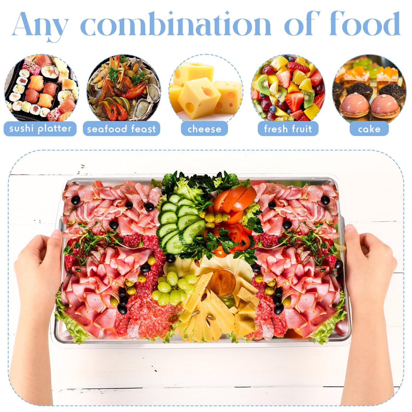 Baderke 1 Set 16" x 9'' Chilled Serving Tray for Parties with Compartments Rectangle Serving Dish Ice Charcuterie Party Platter for Shrimp Fruit Seafood Vegetable Appetizer (Silver)