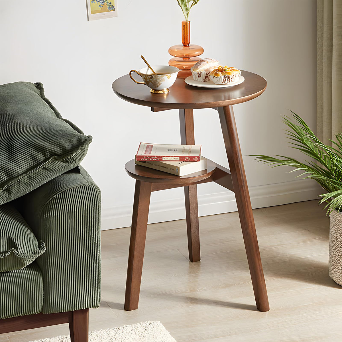 Cttasty Side Table, 2-Tier Round End Tables Living Room, Mid Century Modern Side Table, Round Nightstand, Oak Accent Table, Small Round Coffee Table, 16.54" Dia.x 23.62" H(Walnut)