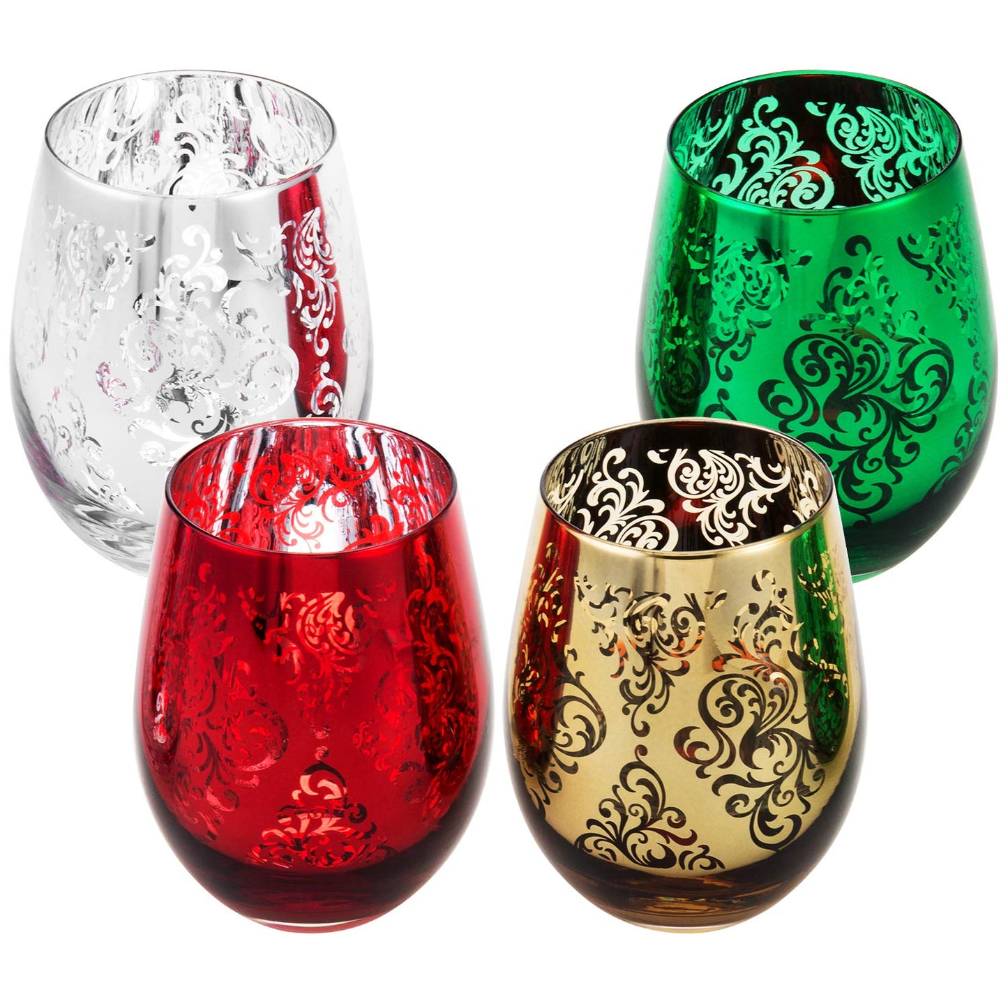 MyGift 4 Piece Stemless Glassware Set, Multicolor Wine Glasses with Etched Baroque Pattern in Mirror Plated Gold Silver Red Green Colors, 16 oz Capacity