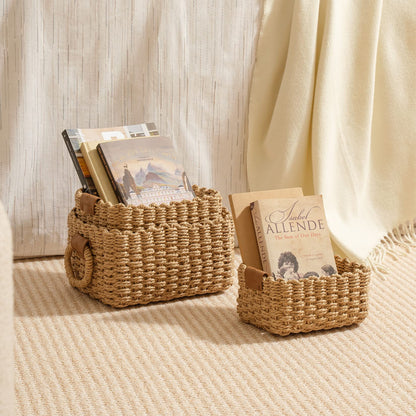 La Jolíe Muse Woven Wicker Storage Baskets, Paper Rope Storage Boxes Bin Organizer Divider for Cupboards Drawer Closet Shelf Dresser, Set of 3 (Desert)