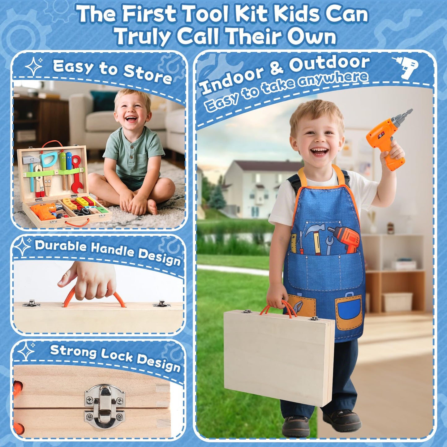 Kids Tool Set with Drill, Educational Montessori Toys for 3 Year Old Boys 44 Pcs STEM Kids Toys Wooden Toddler Tool Set with Apron & Box Birthday Gifts for 3 4 5 Year Old Boy Girl