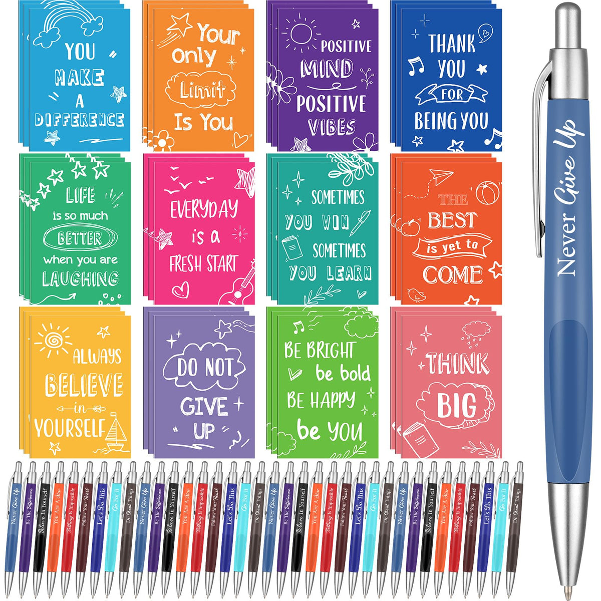 Yeaqee 72 Pcs Motivational Pens Notepads Gifts Set Inspirational Quote Ballpoint Pen Small Notebook Mini Journal Bulk Present Idea for Teacher Coworker Gifts Women Office School(Uplifting)