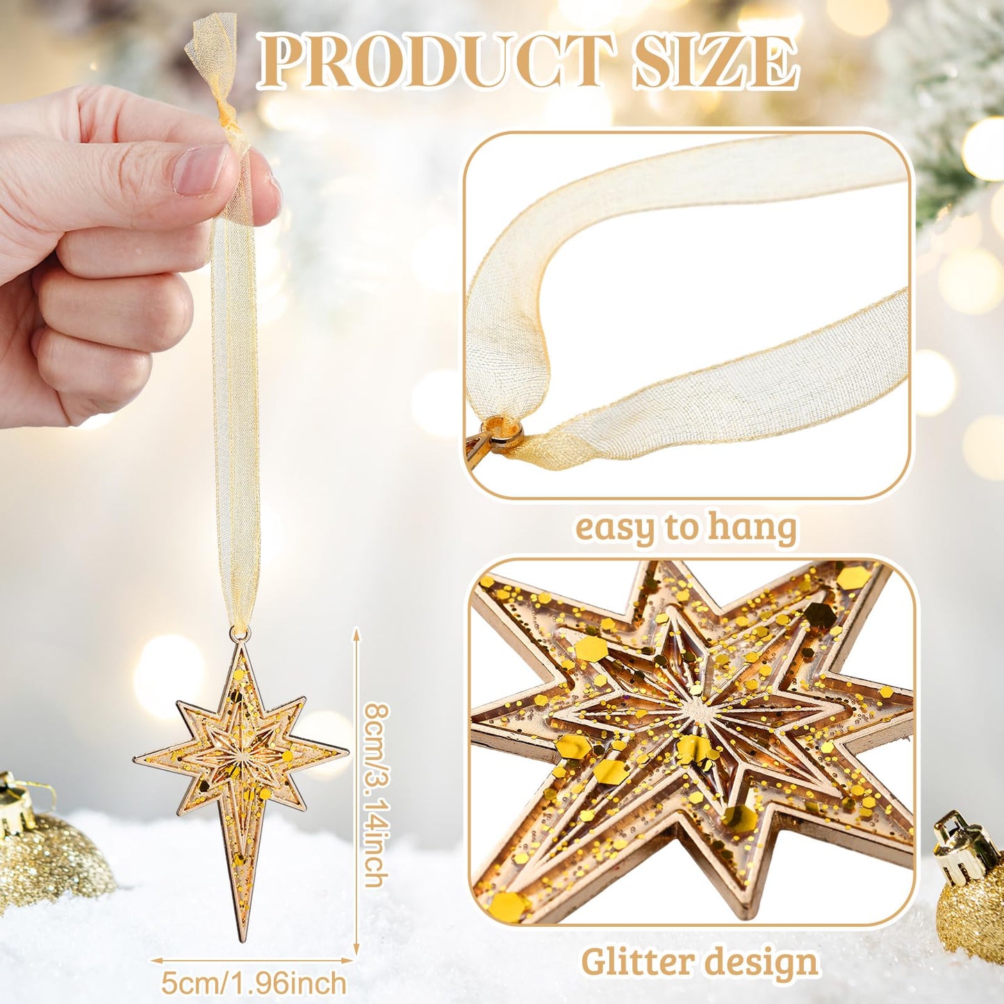 Soulchen 8 Pcs Summer Christmas Bethlehem Star Ornament 3.15 x 1.97 Inch Metal Glitter Star of Bethlehem Ornaments with Glitter Christmas Tree Topper Nativity Decor for Xmas Tree Party Decor(Gold)
