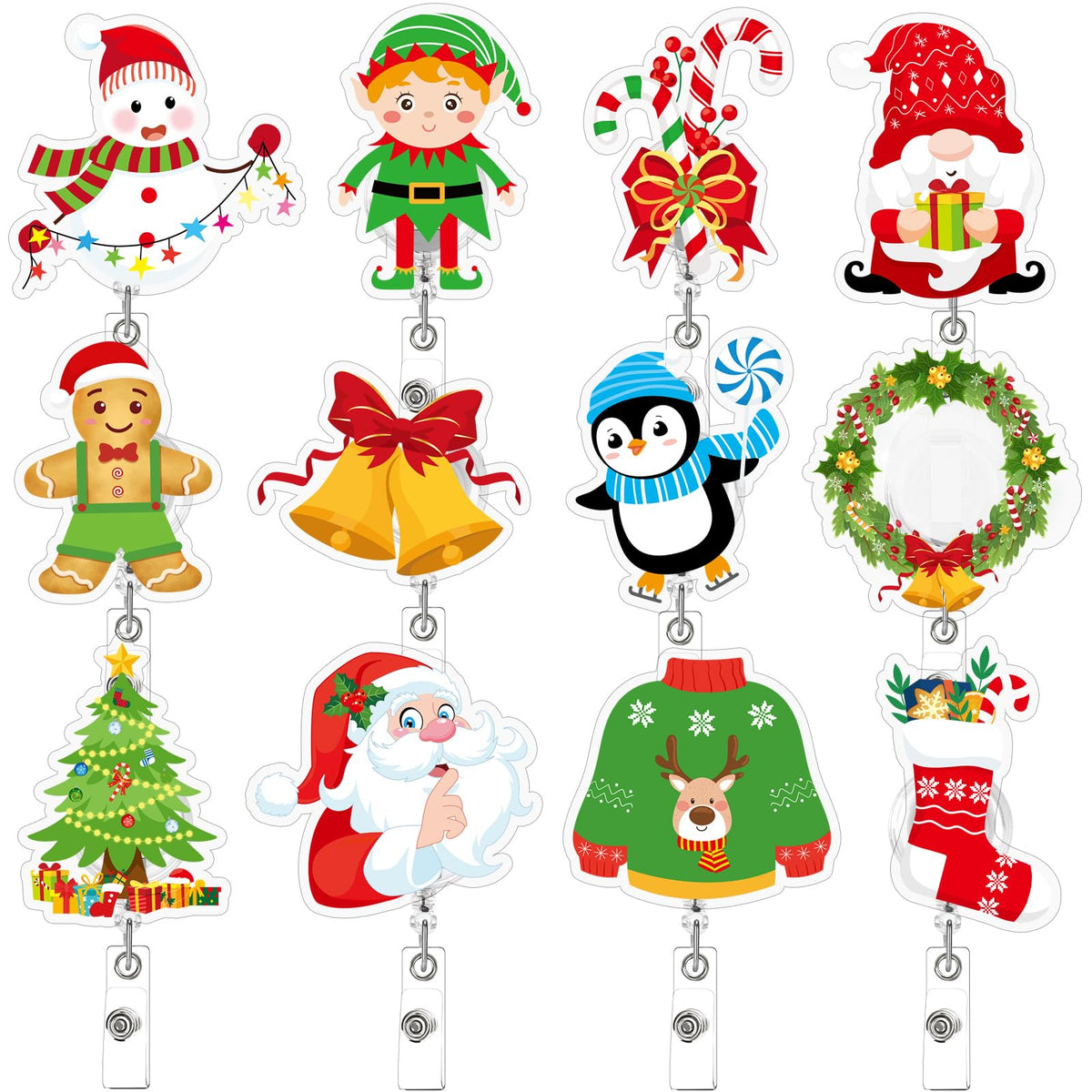 Jansun Christmas Badge Reel 12 Pcs Nurse Badge Reel Name Badge Clips Retractable Christmas Badge Holder Acrylic Santa Snowman Garland Gingerbread Man for Nurses Students (12 Styles) ﻿