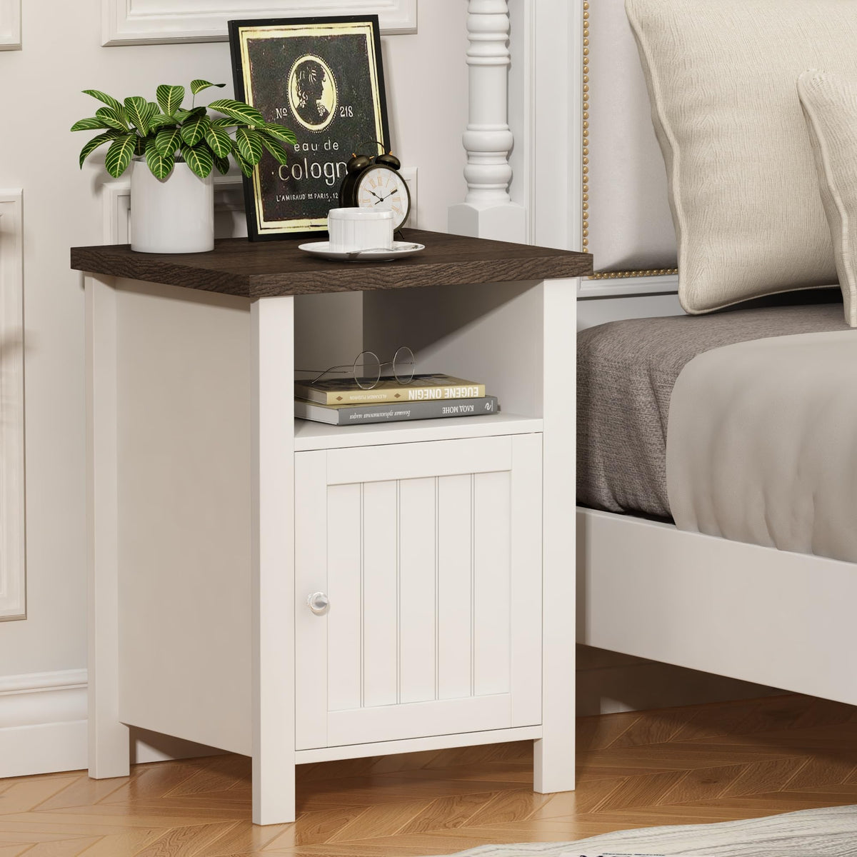 ChooChoo Farmhouse Nightstands Set of 2, Wooden Night Stand with Storage and Open Shelf, Rustic End Table Set of 2 for Bedroom, White & Brown