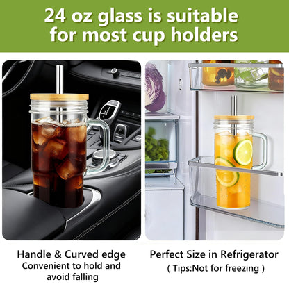 Birity 24oz Glass Cups with Lids and Straws,Glass Tumbler with Handle,2 set–Reusable Glass Ice Coffee Cups with Lid and Straw for Smoothies,Tea,Juice,Boba Cup for Cold & Hot Drinks,Travel Cup