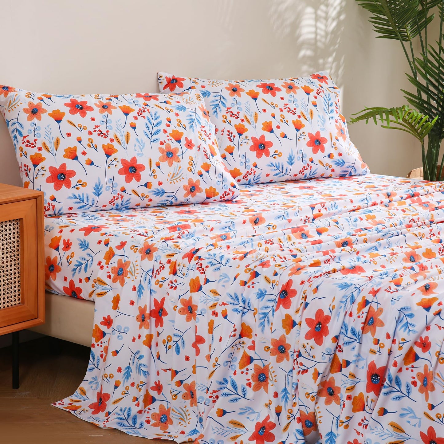 JSD Floral Printed Sheet Set Full Size, 4 Piece Spring Pattern Microfiber Bed Sheets Deep Pocket, Oeko-TEX Certified