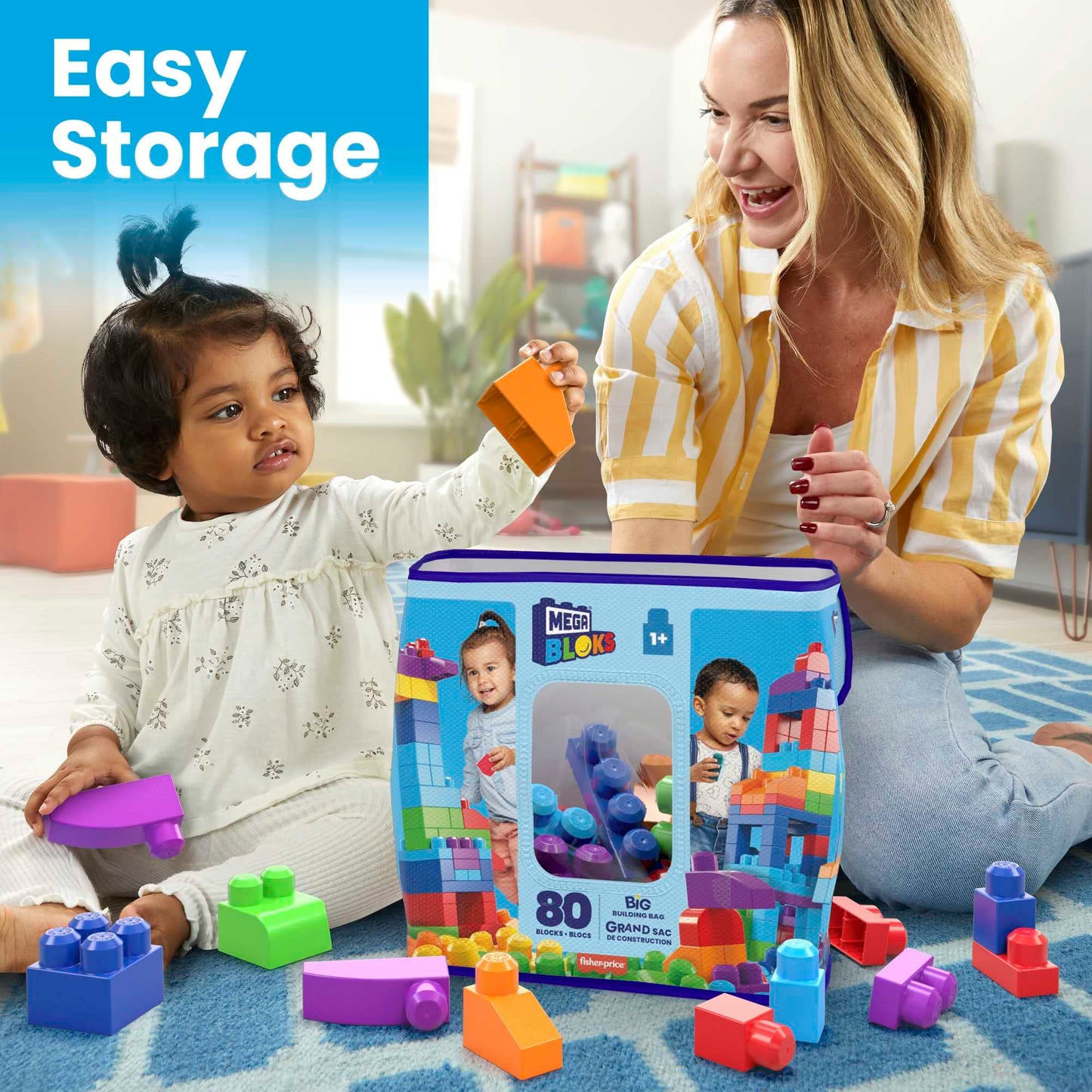 MEGA BLOKS Fisher-Price Toddler Block Toys, Big Building Bag with 80 Pieces and Storage, Blue, Gift Ideas for Kids Age 1+ Years, DCH63