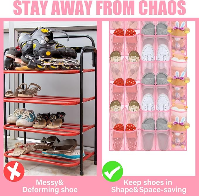 Windyun 40 Over the Door Shoe Organizer Large Breathable Mesh Pockets Pink